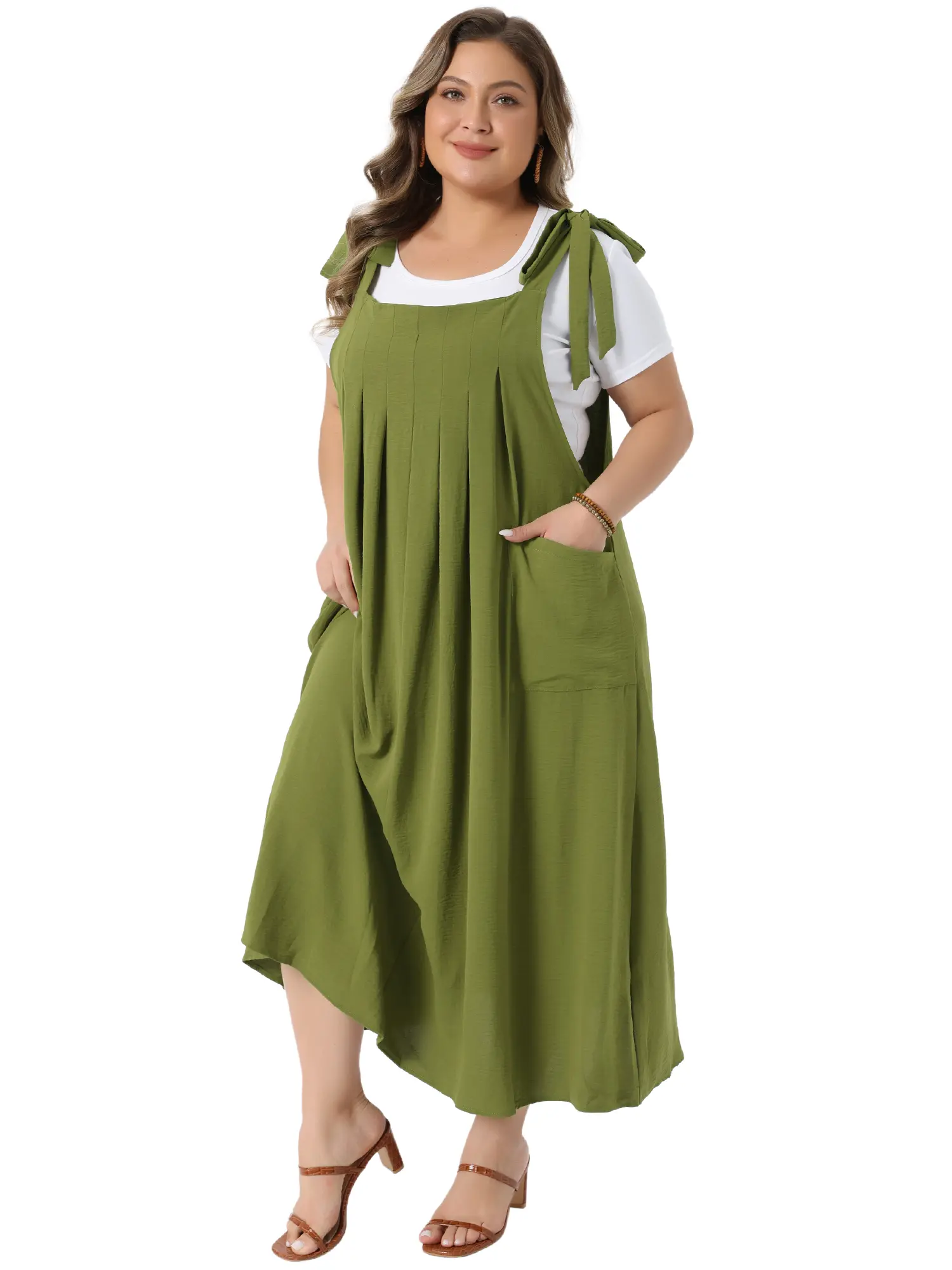 Agnes Orinda Plus Size Pinafore Dress for Women Pleated Jumper Dress with Pockets Tie Shoulder Strap Casual Overall Dress