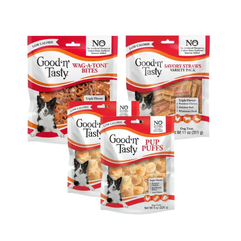 Good ’n’ Tasty Low-Calorie Dog Treats 4-Pack Bundle – 2 Pup Puffs 8 oz, 1 Wag-a-Toni Bites 12 oz & 1 Savory Straws 11 oz