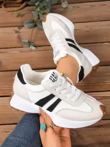 Women's New Spring Autumn Round-Toe Thick-Sole Casual Shoes, Colorblock Lace-Up Breathable Anti-Slip Fashion Sneakers for Outdoor Running and Training.