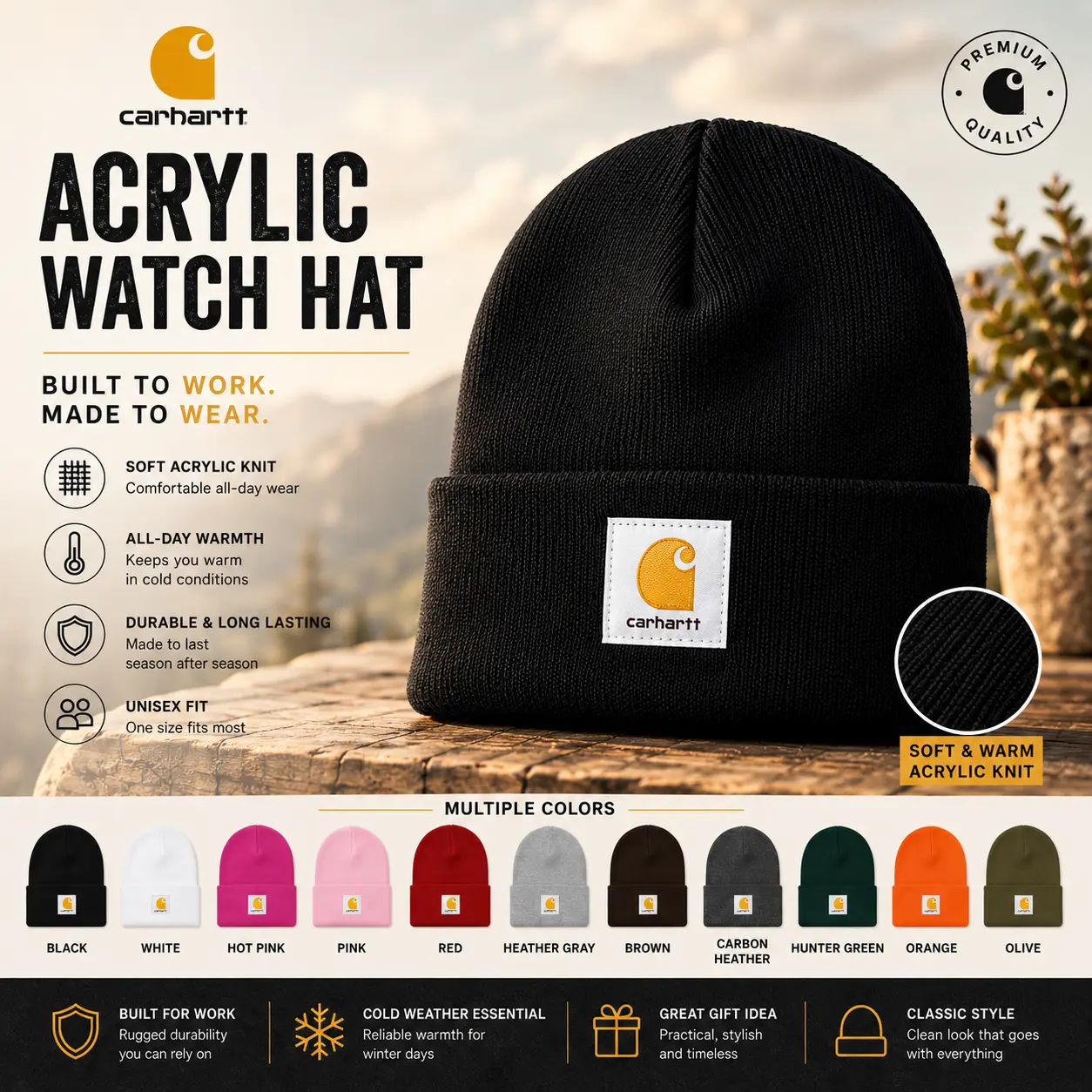 Carhartt Warm Acrylic Beanie Hat for Men Women Classic Watch Cap Stretch Knit Winter Skull Cap Cuffed Outdoor Workwear Cold Weather Casual Streetwear Everyday Wear Soft Comfortable Adult One Size