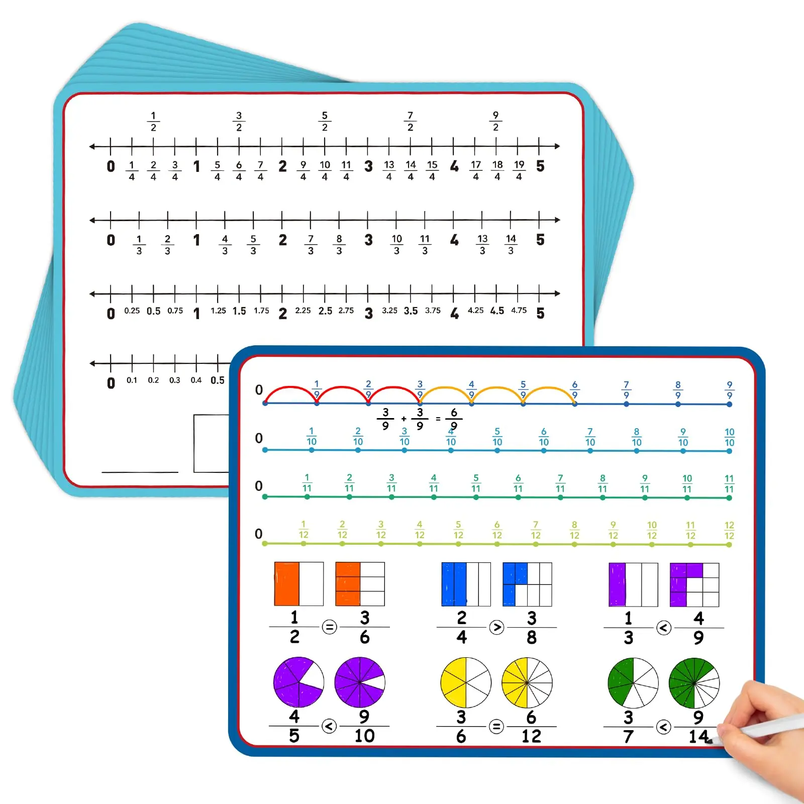 Torlam 12-Pack Dry Erase Fraction Manipulatives Cards (12"x9") with Fraction Number Line, Montessori Hands-On Learning Interactive Games Maths Toys for Elementary Kids Homeschooling Classroom Supplies