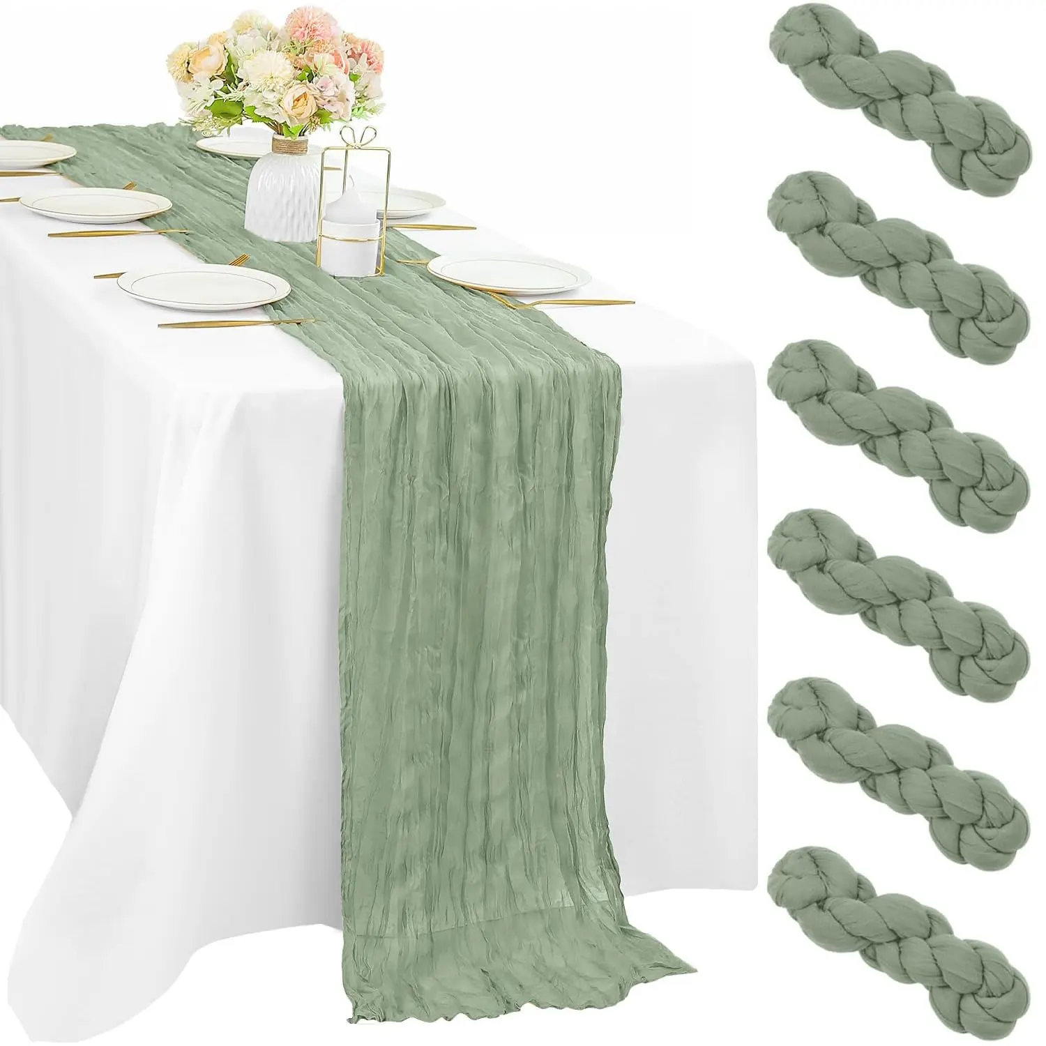 EMBER 6 Pcs Cheesecloth Table Runner 10FT long, 35 x 120 Inches Gauze Boho Fabric Rustic Sheer Runner for Wedding Birthday Baby Shower Party Decor（Asparagus | Dusty Blue | Coral Pink | Maroon | Beige）