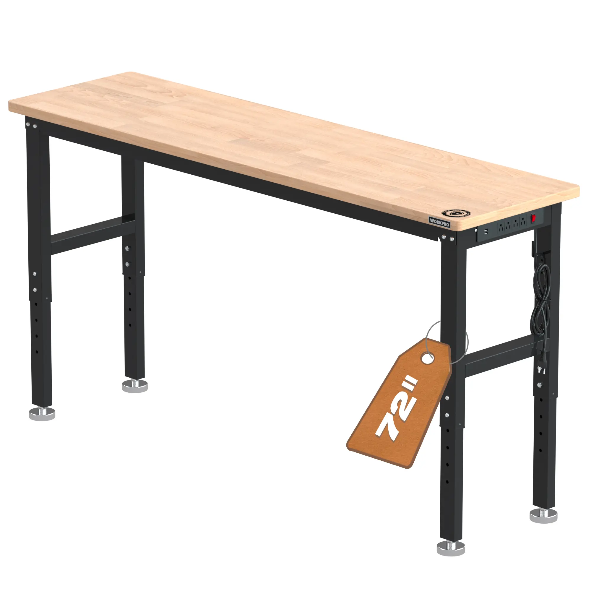 #backtoschool WORKPROAdjustable Workbench,Hardwood Garage Workbench with Power Outlets, Rubberwood Top Heavy-Duty Workstation for Workshop, Garage, Home
