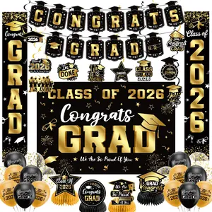 2026 Black Gold Graduation Decorations Set, Congrats Grad Party Decor with Banner Backdrop Porch Sign Hanging Swirls Honeycomb Centerpieces Balloons(Gold)