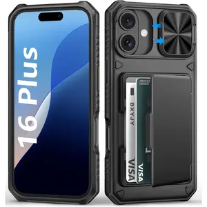 For Iphone 16 plus Case Wallet, Built-In Card Holder (4-5 Cards), Slide Camera Cover, Military Drop & RFID Protection, Rugged Heavy Duty Men Women Protective Phone Case for Iphone 16 Plus, Black BXYJY