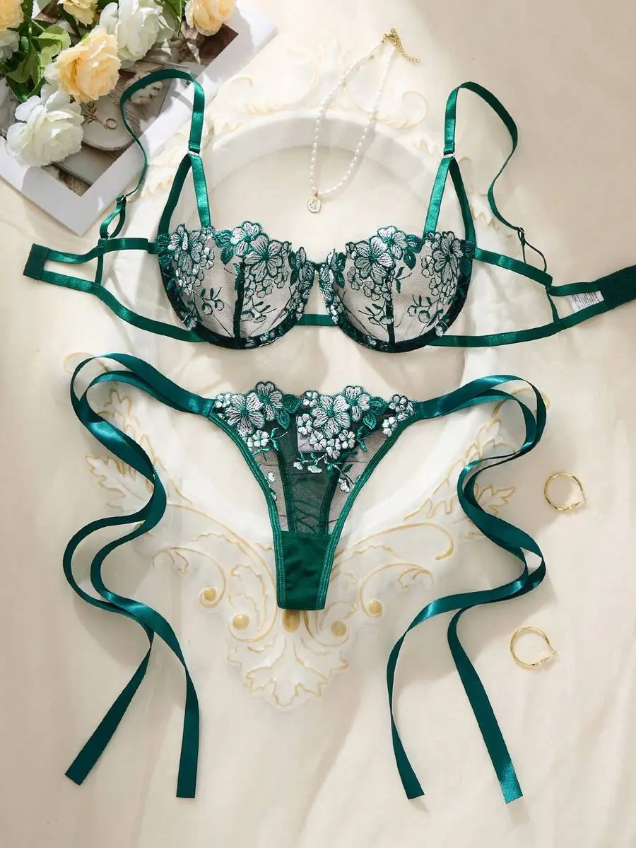 Women's Sky Blue Lace-Up Lingerie Set with Floral Embroidery - 2 Piece Set!!!
