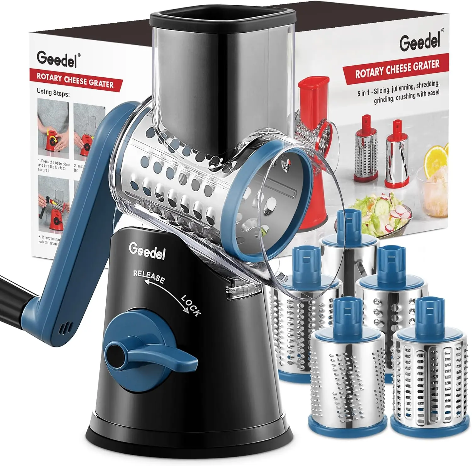 5-in-1 Rotary Cheese Grater with Suction Base – Vegetable Slicer, Nut Grinder & Ice Shaver GDL