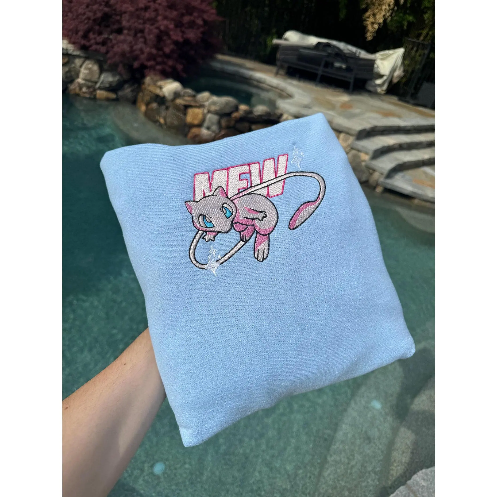 Mew Embroidered Sweater, Personal Anime Gift Hoodie, 90s Monster Stitched T-shirt, Pop Culture Aesthetic Crewneck