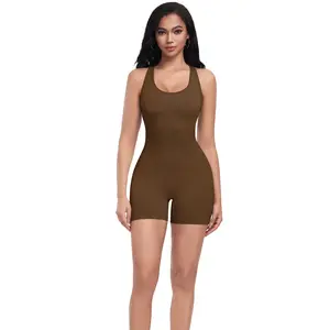 Womens One Piece Workout Romper Tummy Control Sleeveless Yoga Jumpsuit Scrunch Butt Backless Padded Gym Unitard