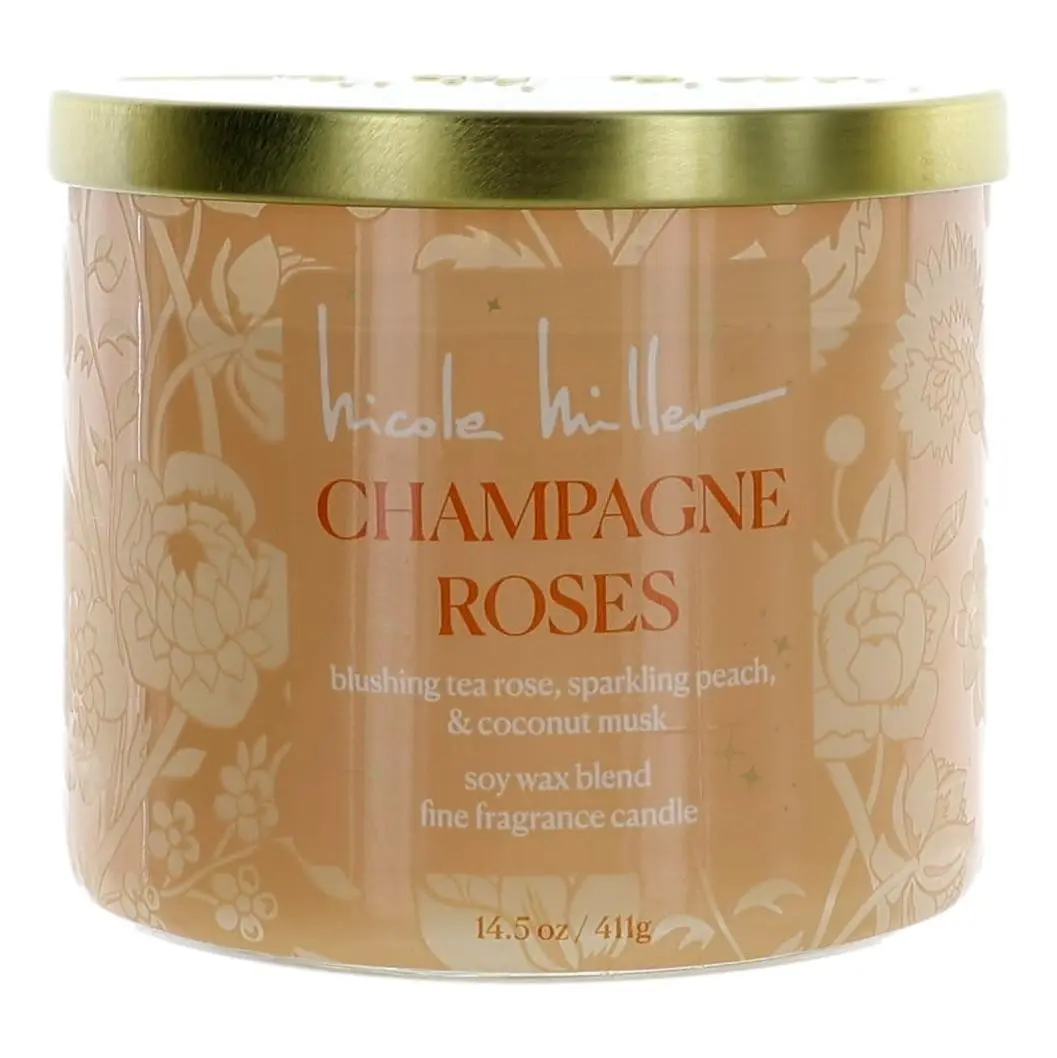 Nicole Miller 14.5 oz Soy Wax Blend 3-Wick Candle - Champagne Roses, Peach Blushing Tea Rose Scent, Room Decor Air Freshener, Three-Wick, Fine Fragrance Candle