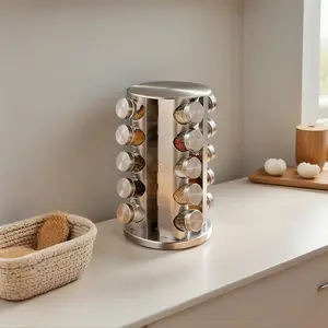 20 Jar Revolving Spice Rack,Kitchen Spice Organization for Cabinet or Countertop,Seasoning Spice Organizer with Polished Stainless Steel&Black Caps