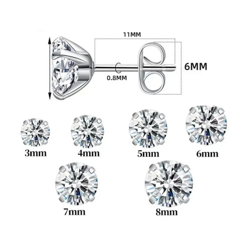 Cubic Zirconia Stud Earrings Set for Women and Men, 6 Pairs Sparkly Round Studs in 3mm 4mm 5mm 6mm 7mm 8mm, Sterling Silver Posts, Classic Minimal Earrings for Everyday Wear and Multiple Piercings cz