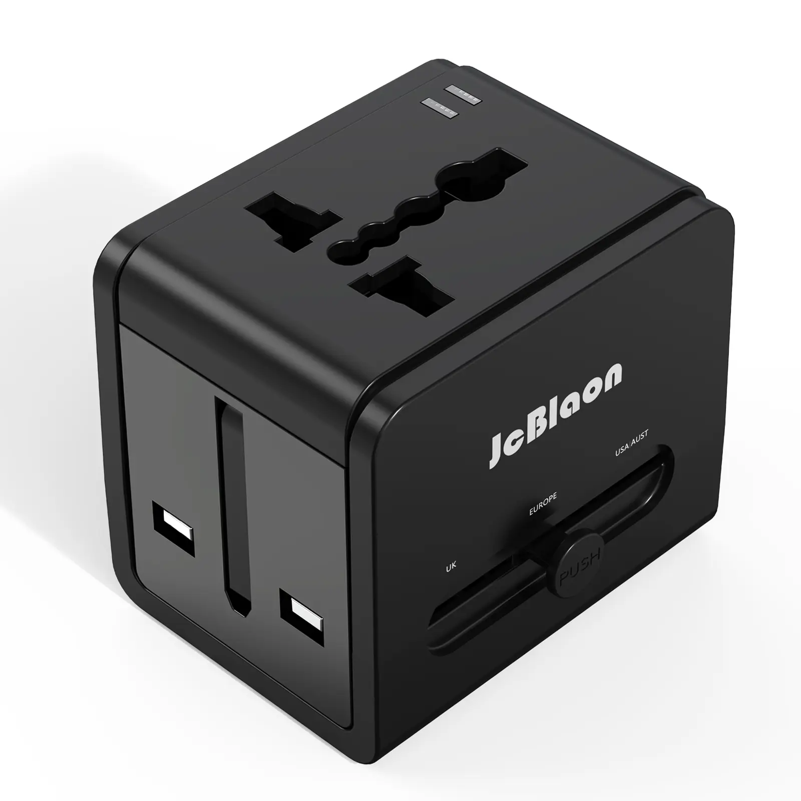 Travel Adapter USB‑C, universal all‑in‑one global travel adapter, supports fast charging, Type‑C and USB‑A ports, power converter, wall charger, AC plug adapter, suitable for US, EU, UK, Australia, black