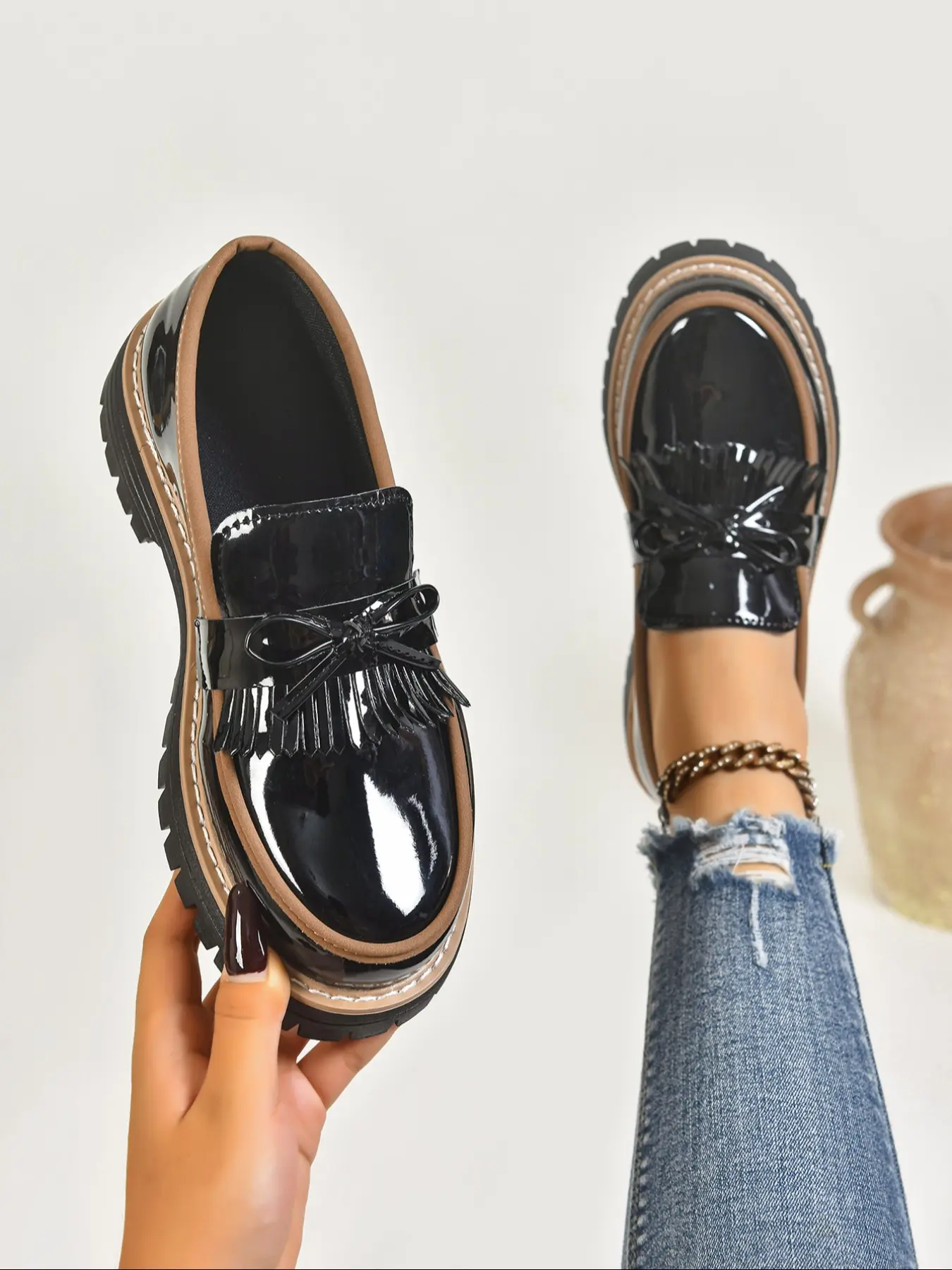 New Women’s Chunky Sole Rubber Oxford Shoes, Fashion Oxfords, British Style Casual Loafers with Thick Heels, Ideal for Fall and Spring Fashion, Footwear