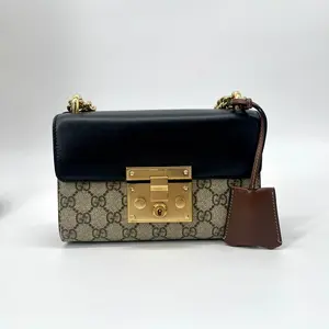 Pre-owned GUCCI Canvas, Leather Shoulder Bags GG Supreme Monogram Calfskin Small Padlock Beige Brown and Black