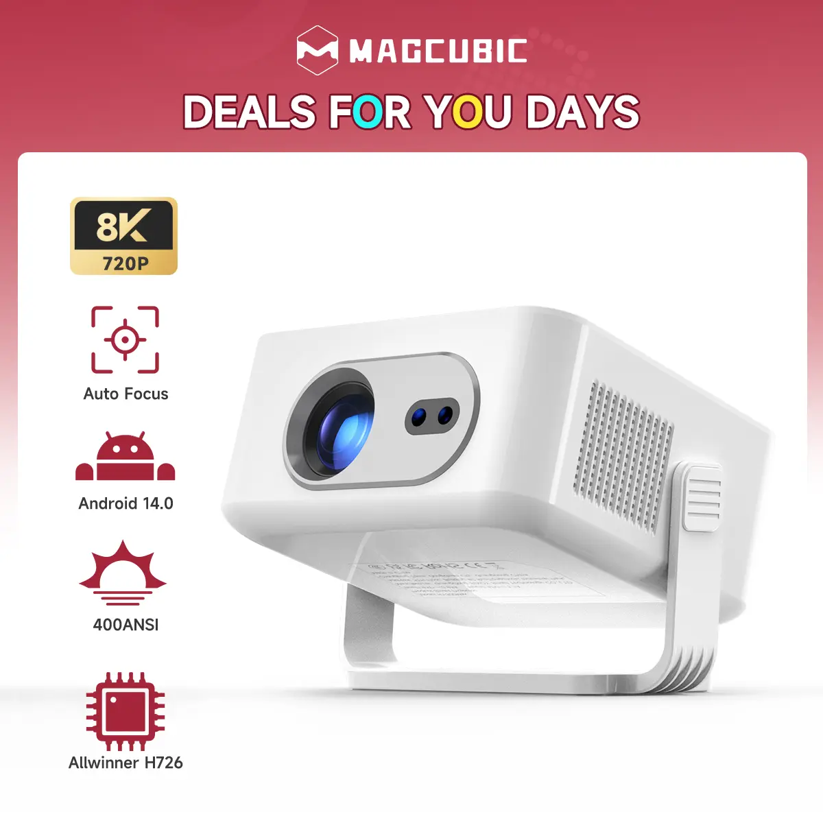 [US warehouse] Magcubic HY300MAX Projector Auto Focus 400ANSI Android 14 Allwinner H726 with Dual WiFi6 BT5.4 Auto Keystone HDR/HDR10+/HLG Built-in Speaker Portable Mini Home Cinema Movie Outdoor #SummerWins #DealsForYouDays