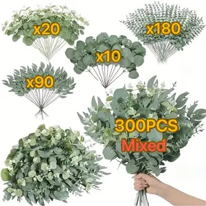 300pcs Artificial Greenery & Eucalyptus Branches Mix, 4 Types Silver Dollar Eucalyptus Picking Tools, DIY Flower Arrangement, Home Decor