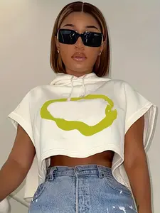Women's Graphic Batwing Sleeve Crop Hoodie, Summer Clothes Women, Casual Short Sleeve Cropped Hooded Pullover For Summer, Fashion Women's Top For Daily Wear