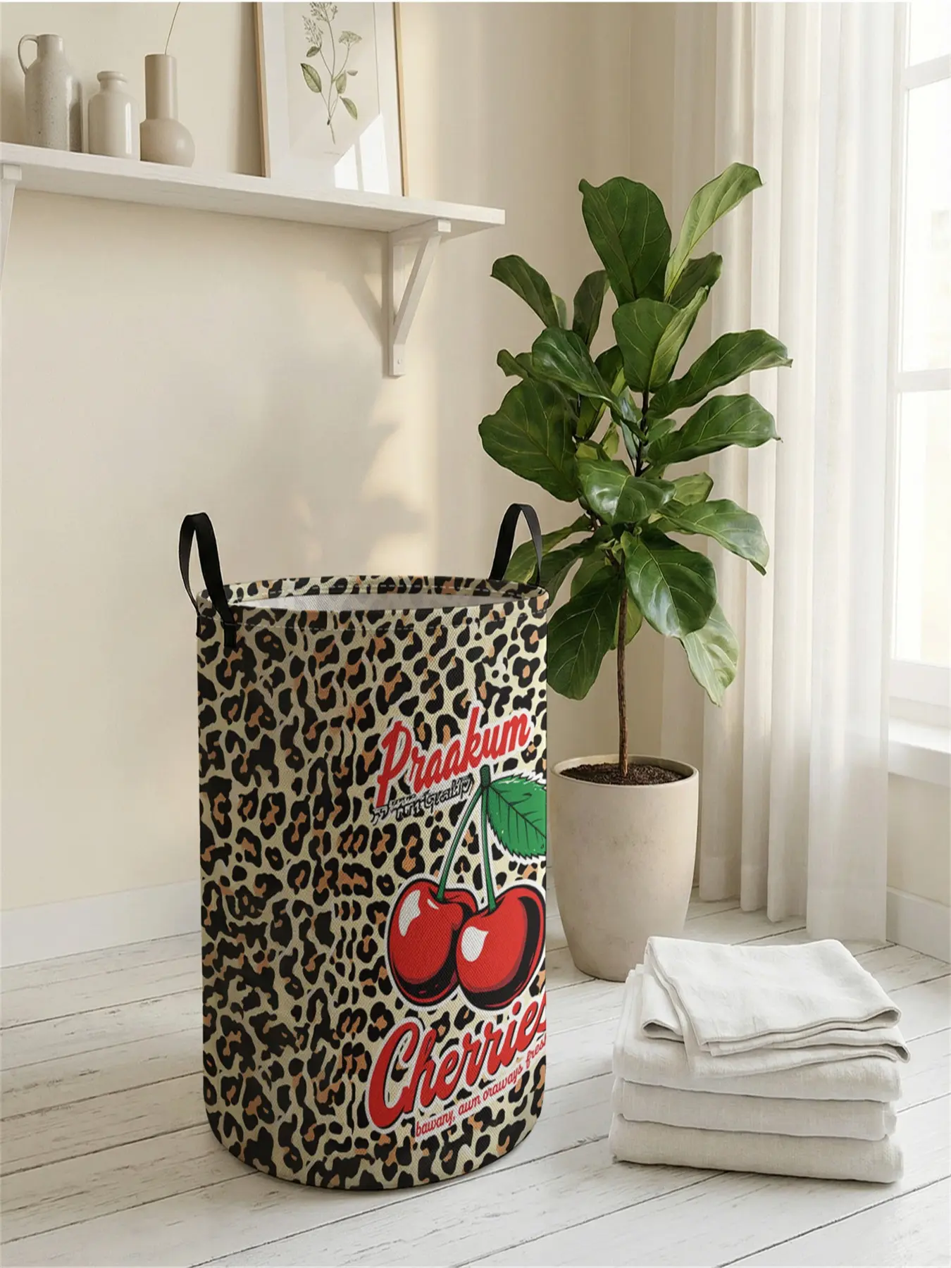 1 piece of 2D printed open storage box with cherry pattern + leopard print background design, double handle reinforcement + foldable storage, Versatile Storage, Indoor Storage | suitable for dirty laundry storage/toy organization/home decoration