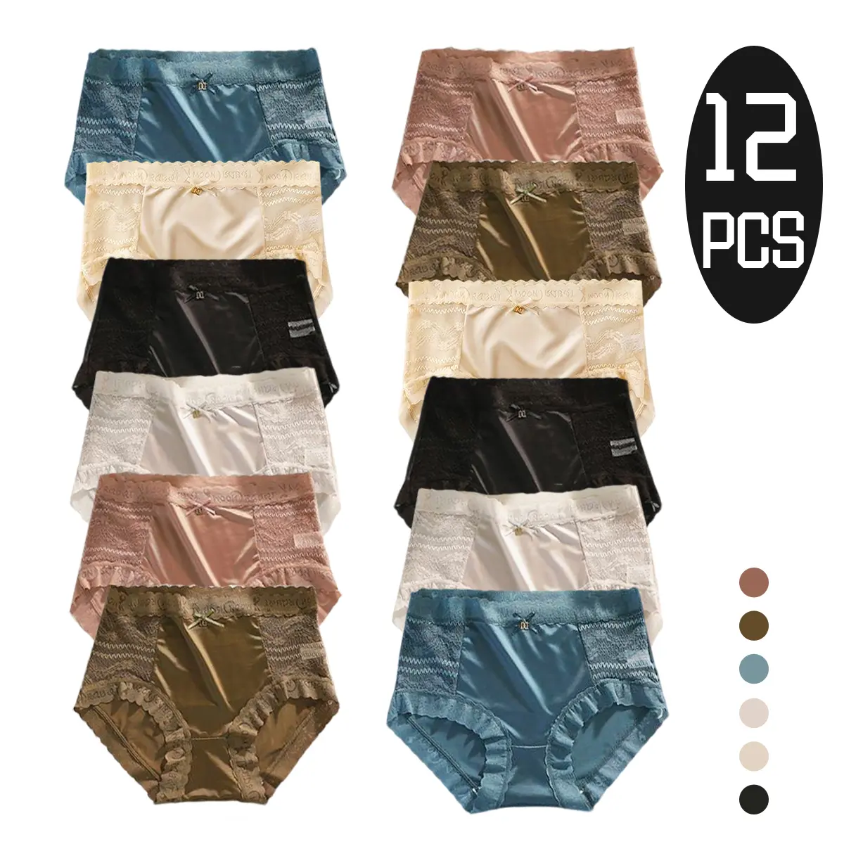 12/6PCS  women’s solid-color casual panties for everyday wear and commuting; ice silk fabric with a cool feel; breathable and comfortable; high elasticity for a close fit; elegant and fashionable; basic, versatile underwear; spring new arrival / sp
