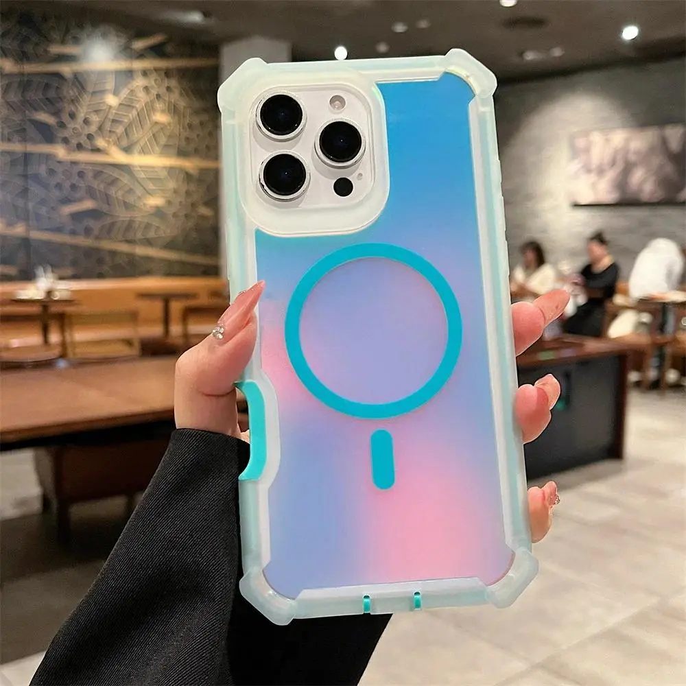 Luxury MagSafe Laser Dazzling Armor Phone Case for iPhone 16/16 Pro Max/15/14/13, Dual Layer Protection Cover with Wireless Charging Compatibility, Mobile Phone Accessories