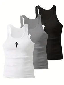 "3 Pack Men's Ribbed Cross Graphic Tank Tops | Slim Fit Sleeveless Muscle Shirts | Breathable Summer Streetwear Undershirts in Black, White & Gray | Perfect for Workout & Daily Layering"