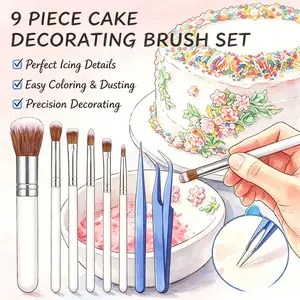 9Pcs Macaron Color Cake Decorating Brushes Set – Pastry Brush & Stainless Steel Tweezers with Straight & Curved Tips, Baking Tools for Cookie, Fondant, Pasta, Candy