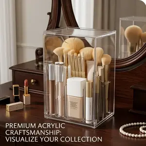 Adjustable Clear Acrylic Makeup Brush Organizer, Expandable Cosmetic Storage Box for Vanity & Countertop, Multi-Slot Design Perfect for Brushes & Beauty Tools