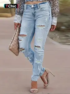 ELI Autumn and winter women's low-waist ripped trendy casual leggings, holiday style, fashionable and versatile, Womenswear