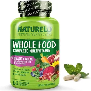 NATURELO Whole Food Multivitamin with Extra Hair, Skin and Nails Support - Beauty Blend with Hyaluronic Acid & Grape Seed - High Potency Biotin, Vitamin C, and Glutathione - 60 Vegan Capsules