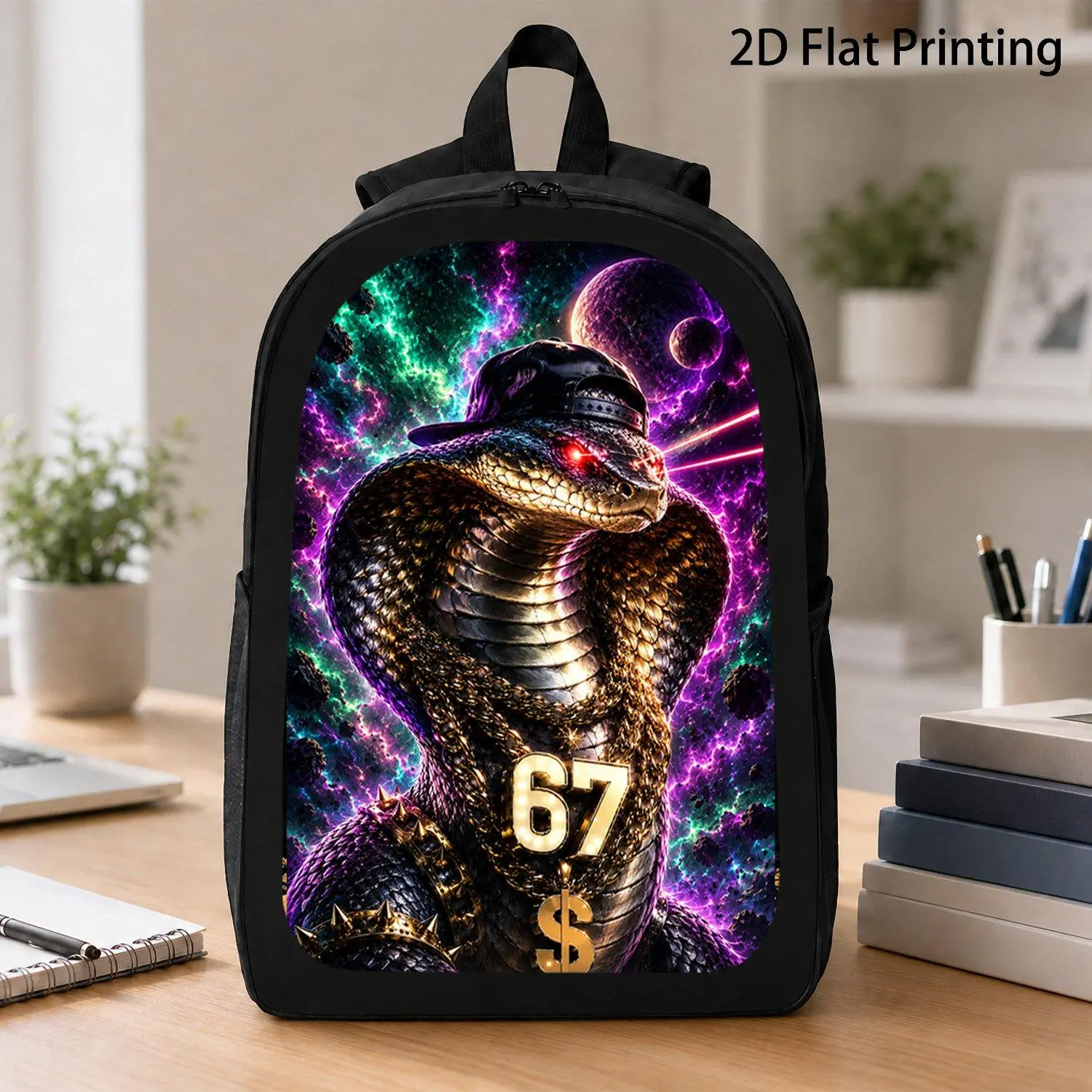 [17 Inch Backpack] Galaxy Gangster Cobra Wearing Black Cap Gold Spiked Chains Number 67 Red Laser Eyes Colorful Space Graphic Backpack Popular Reptile Art Daily Travel Laptop Backpack