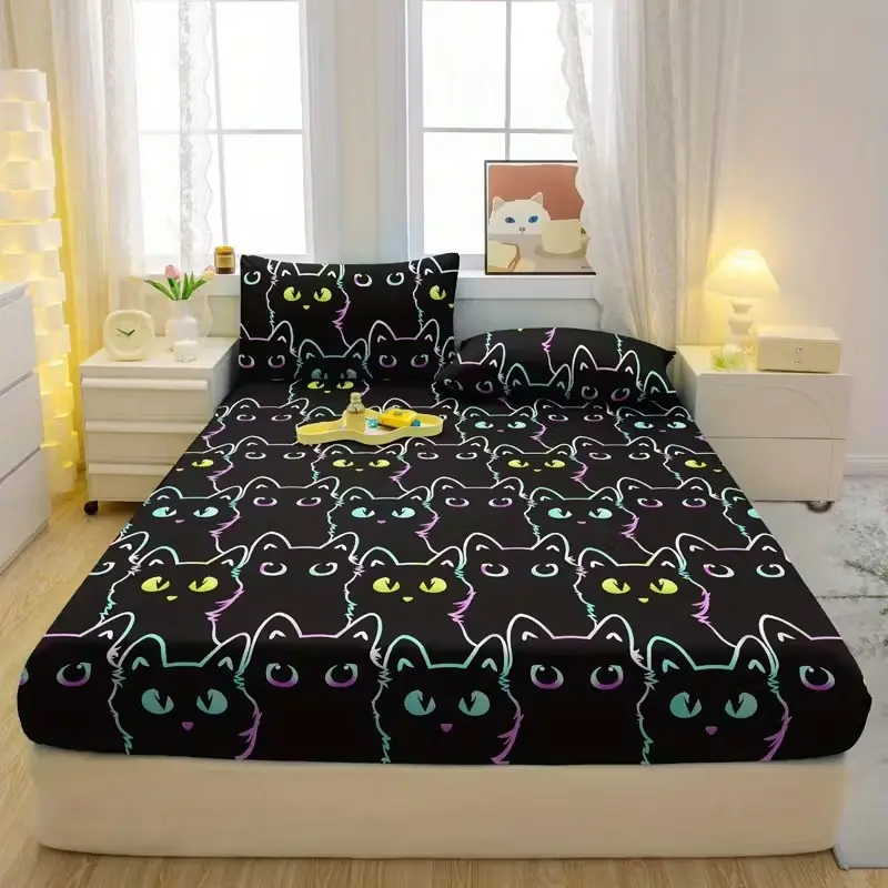 3-Piece Cartoon Cat Print Bedding Set, Soft Comfortable Bedroom Decor, Includes 1 Fitted Sheet and 2 Pillowcases, Dorm Room Essentials