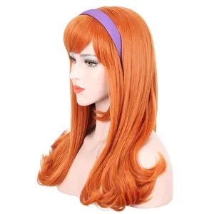 Daphne Brand Adult Women Long Curly Orange Bangs Wig for Cosplay Halloween Costume Party with Free Purple Headband & Wig Cap Adjustable Size 21-24 Inch Premium Heat Resistant Synthetic Fiber