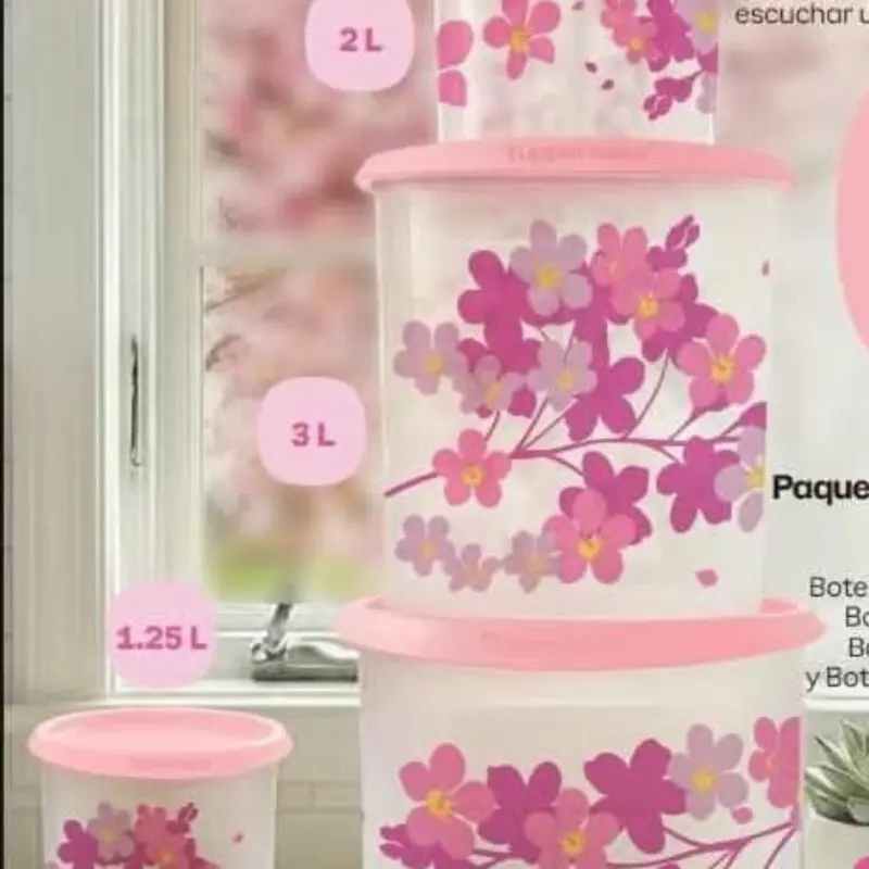 Cherry Blossom One Touch Set - 2L, 3L, 1.25L Containers with Pink Floral Design for Kitchen Storage