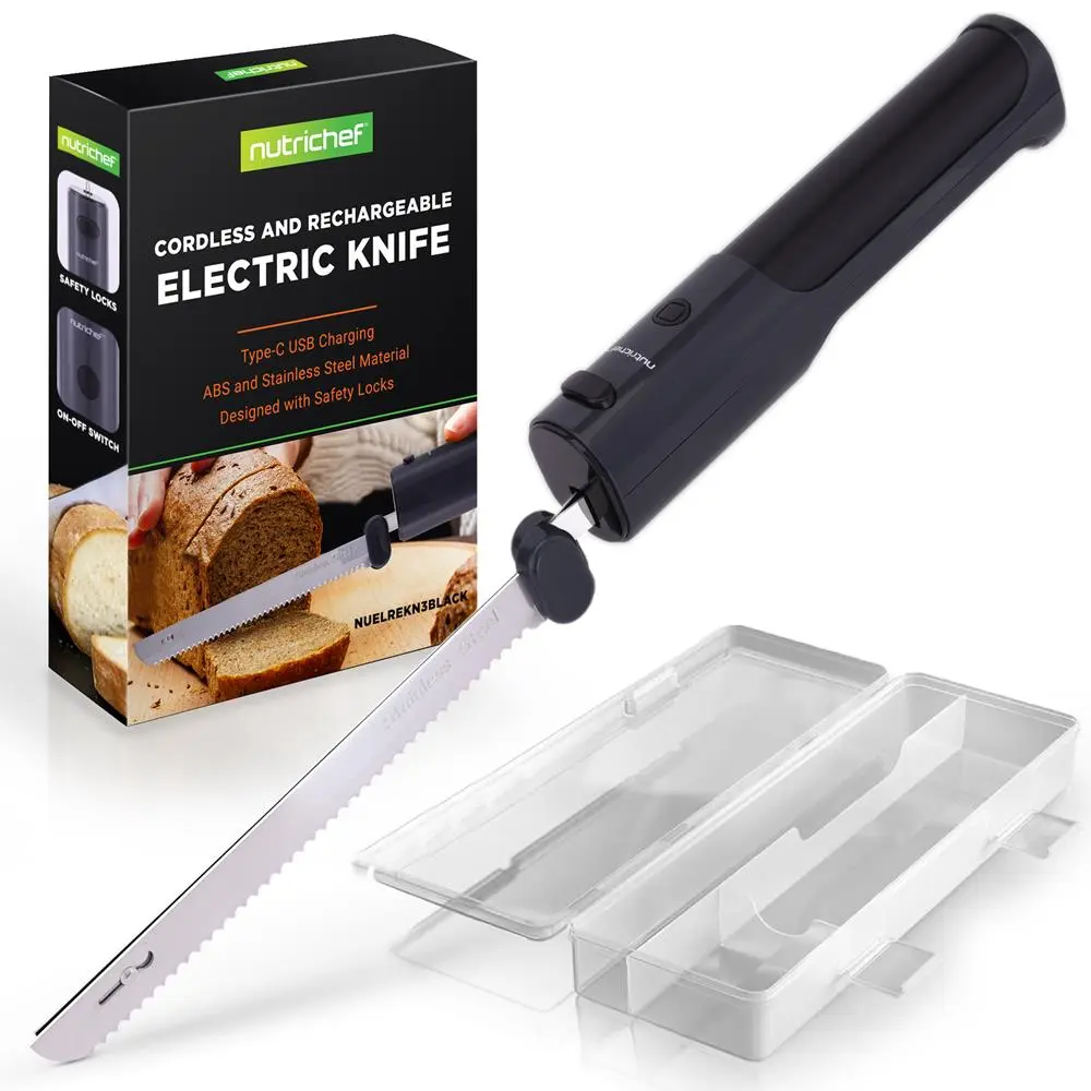 Cordless Electric Knife – Black | Rechargeable Handheld Carving Knife with Safety Lock - Stainless Steel Knife for Bread, Cakes, Meats & Roasts - Portable Kitchen Cutting Tool for Daily Use