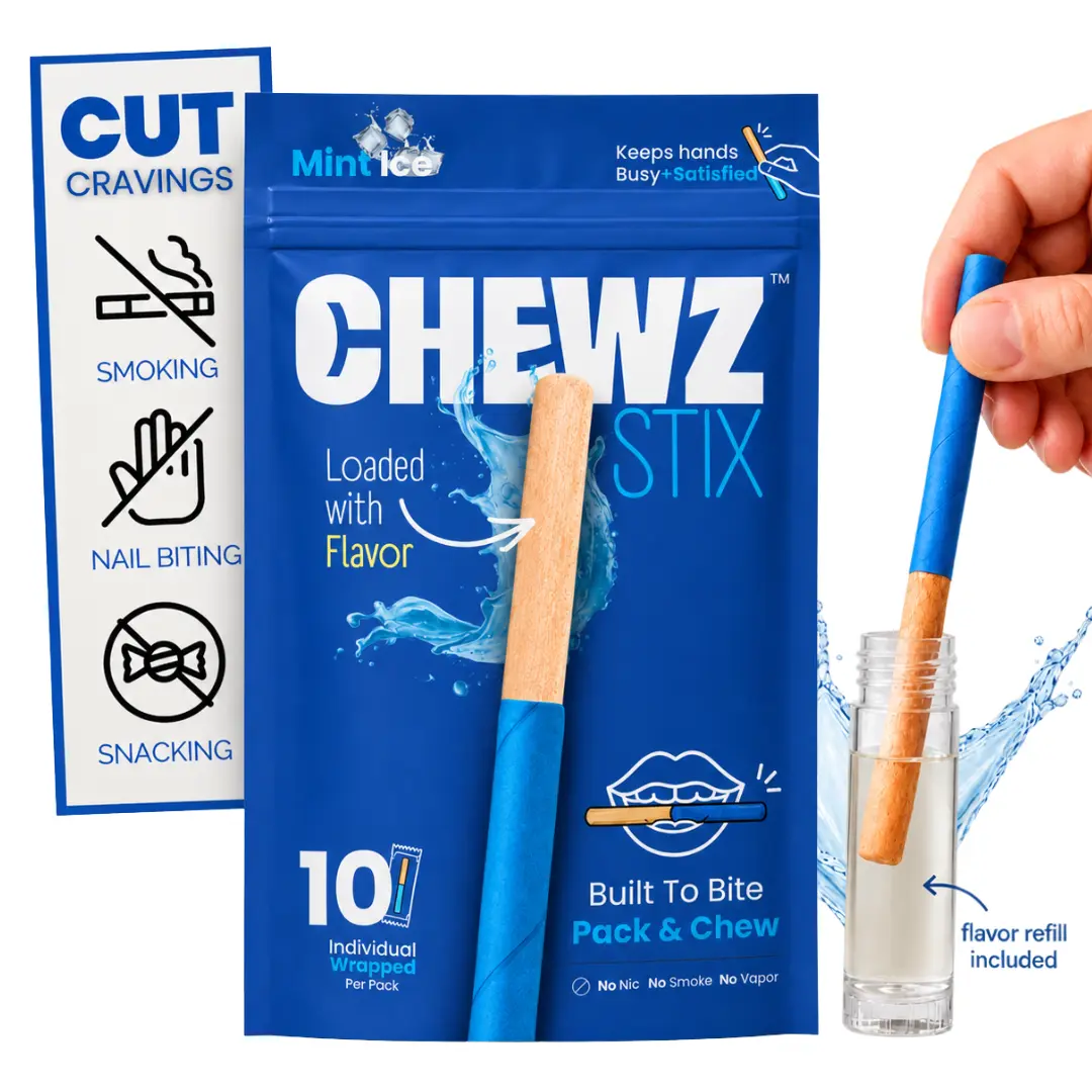 CHEWZ FLAVORED STIX with Bite, Fidget, Hold Satisfaction Functions and Flavor Refill, for On-the-Go, Sugar-Free, 0-Calorie, Reusable