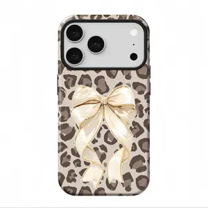 Gold foil leopard print bow pattern, durable and shock-absorbing glossy 2-in-1 phone case, suitable for iPhone 17, 16, 15, 14, 13, 12, 11 X, Samsung and other series models, can be given as a holiday gift to friends or home