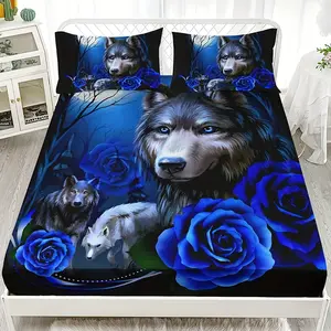 3pcs Fashion Dark Night Rose Floral Animal Wolf Home High-definition Digital Print Bed Sheet Sets Fitted Sheet Set