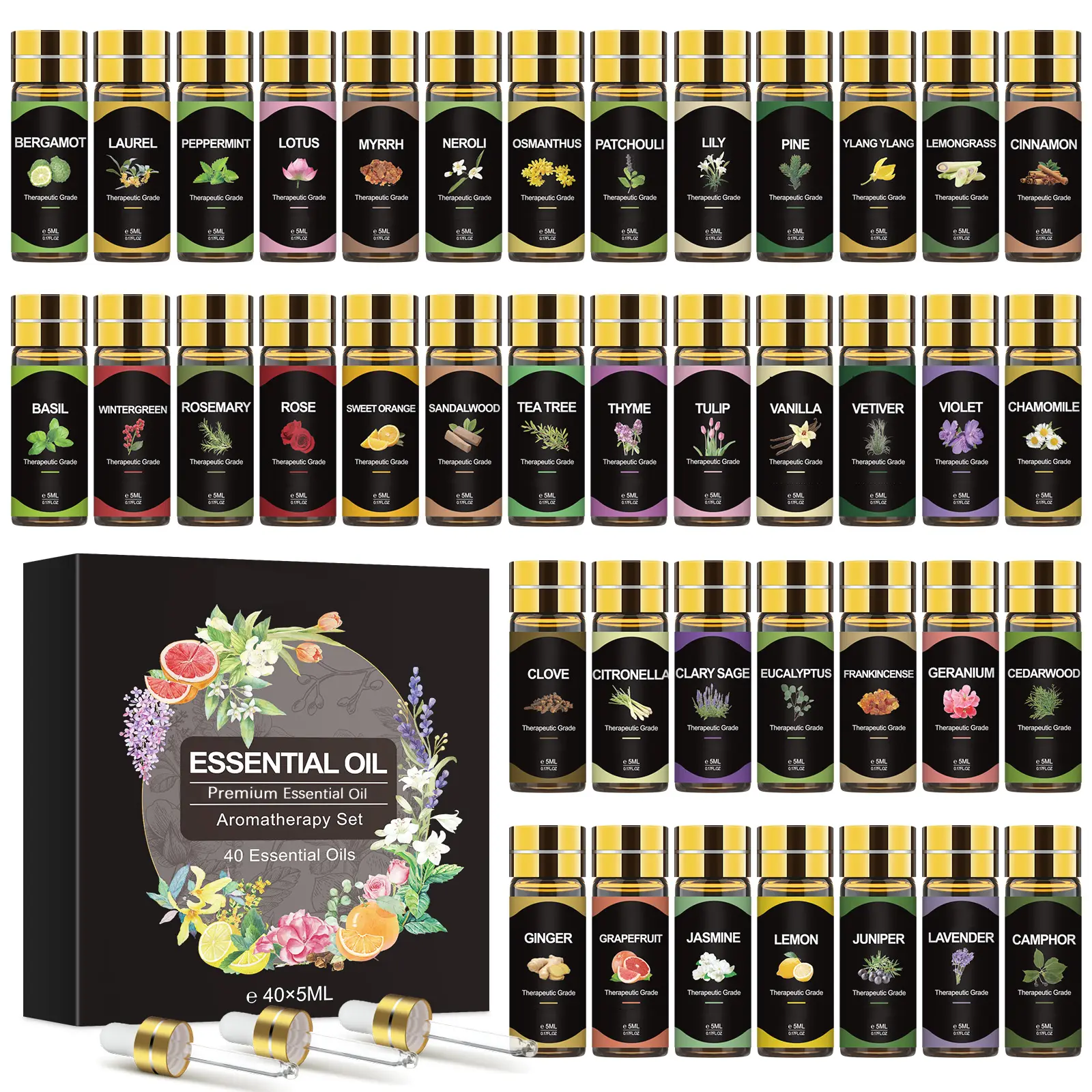 Essential Oil Set 40 Pack -Aromatherapy Essential Oils Kit-Fragrance Oils Perfect for Diffuser, Humidifier, Massage,Soap, Skin & Hair Care, Candle Scented Oil (0.17oz)