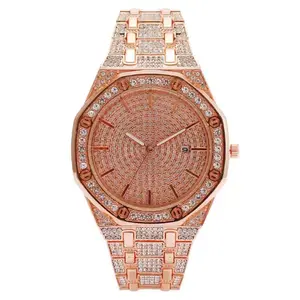 Rose gold dial, octagonal compass-shaped bezel, rose gold strap, diamond-studded watch for men and women.