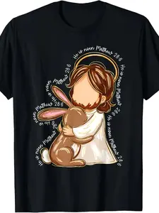 He Is Risen Christian Easter T-Shirt - Religious Jesus & Bunny Design with Matthew 28:6 Bible Verse, Black with Golden Accents - Heavyweight 220GSM Cotton Unisex Adult Tee for Easter Sunday Church Services & Everyday Christian Faith Apparel
