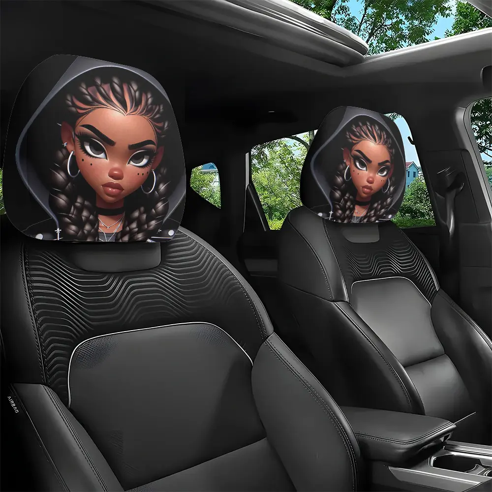 2pcs, Car Accessories, Cartoon Girl Style Printed Car Headrest Pillow Cover, Automotive Vehicle Interior Decoration, Removable And Washable, Suitable for Daily Commuting And Road Trips, Perfect Car Decor, Christmas Decorations, All Seasons, Car Interior