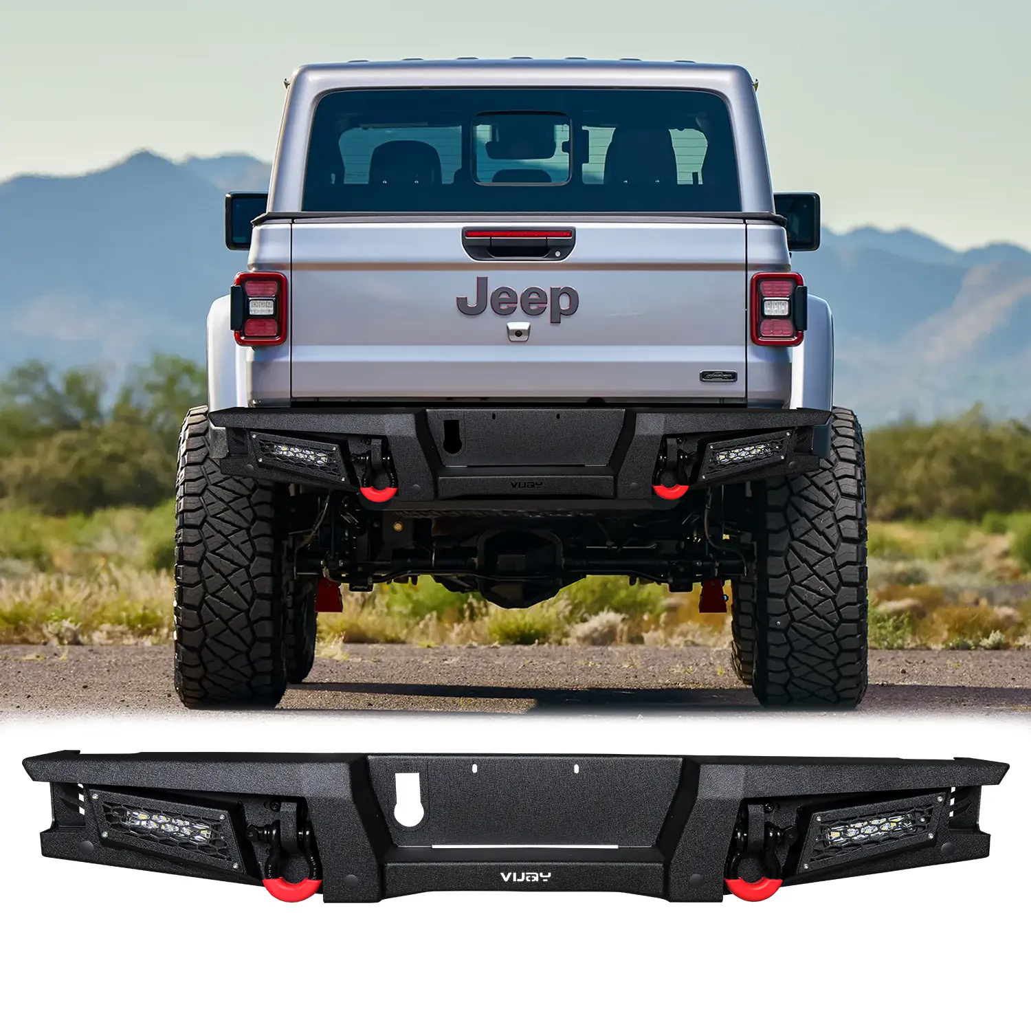 Vijay Textured Metal Rear Bumper for 2020-2025 Jeep Gladiator JT - with Winch Plate, LED Lights, 2 D-Ring Mounts, Perfect Fit, Enhances Off-Road Visibility, High Durability, Simple Screw Installation, 2 X D-Rings