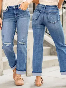 Women's Mid Rise Distressed Straight Leg Fit Jeans with Rolled Cuffs, Casual Stretch Denim Pants for Spring Summer Womenswear