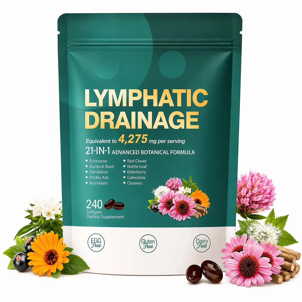 Natural Lymphatic Support Capsules with Echinacea, Dandelion, Nettle, Burdock, Calendula, Red Clover - 240 Count - Aids Immune Function & Metabolism