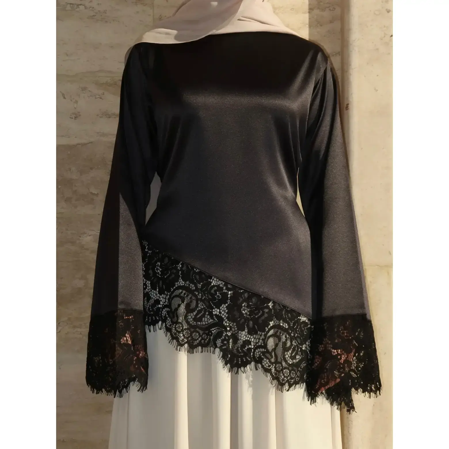 Satin Lace Trim Blouse for Women, Chic and Modest Tie-Back Top for Special Occasions and Formal Elegance
