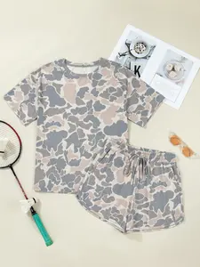 Women's 2 Piece Outfits Summer Casual Camo Print Short Sleeve T-Shirt and High Waist Drawstring Shorts Set Loungewear Sweatsuits