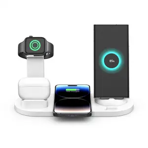 Desktop charger for iphone 17 16 15 14 13 12 11 10 9 8 7 Pro Plus ProMax Samsung Xiaomi Watch AirPods 6 in 1 15W Max Wireless Smart Charging Dock, Chargeable Type-c Fast charging Stand