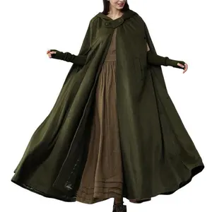 Women Long Hooded Woolen Cloak, Solid Color Vintage Poncho, Black/ Grey/ Blue/ Dark Green Clothes Costumes