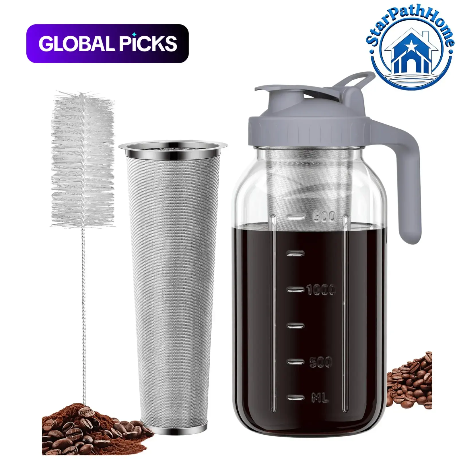 Cold Brew Coffee Maker, 1 Count Glass Mason Jar Pitcher with Handle & Lid, Ice Tea & Coffee & Milk Storage Container